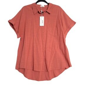 AFRAW Button Down Shirt Women XL Coral Textured Cuffed Sleeves Pocket NWT Casual